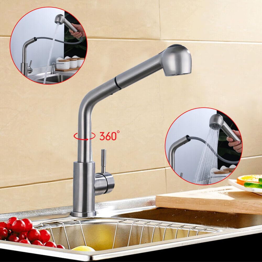 Grifo de Cocina Giratorio 360°, Extraible, Pared Lavadero, de Acero Inoxidable, con Ducha, Acero Inoxidable 304, Alta Presión, Monomando, Cepillado