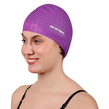 SHIFTER Latest Designed Long Hair Silicone Swim Cap, Keeps Hair Clean with Ear Protector, Waterproof Silicone Swimming Cap for Adult Women and Men,Swimming Bubble Star Cap Extra Stretch (Purple)