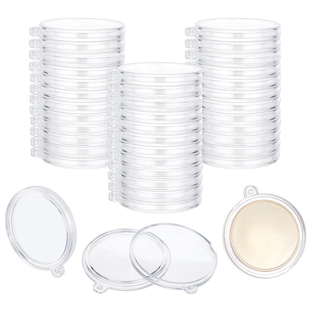 FINGERINSPIRE 60 Pcs Acrylic Coin Holder Pendants Clear Coin Capsule Protector with 40mm Inner Dia Flat Round Keychain Display Transparent Coins Case Pendants for Safekeeping Collectibles & Photos