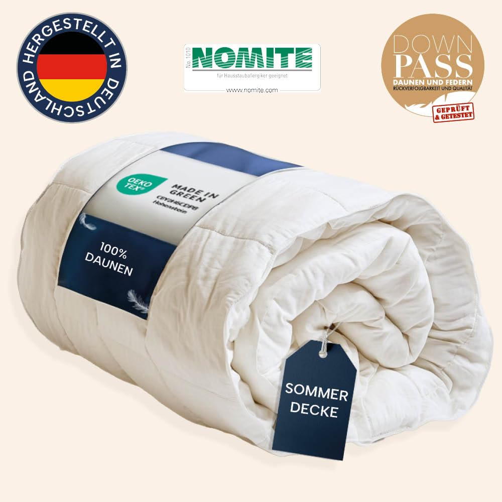 Luxus Sommer Daunendecke extra-leicht | Bettdecke 135 x 200 cm | Füllung: 100% weiße, Neue Daunen | allergikerfreundlich | Made in Germany | weiß