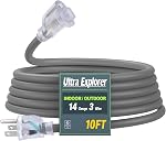 14/3 SJTW Heavy Duty Outdoor Black Extension Cord 10 ft - 3 Prong Power Cord Waterproof with Lighted Indicator for Garden and Major Appliances