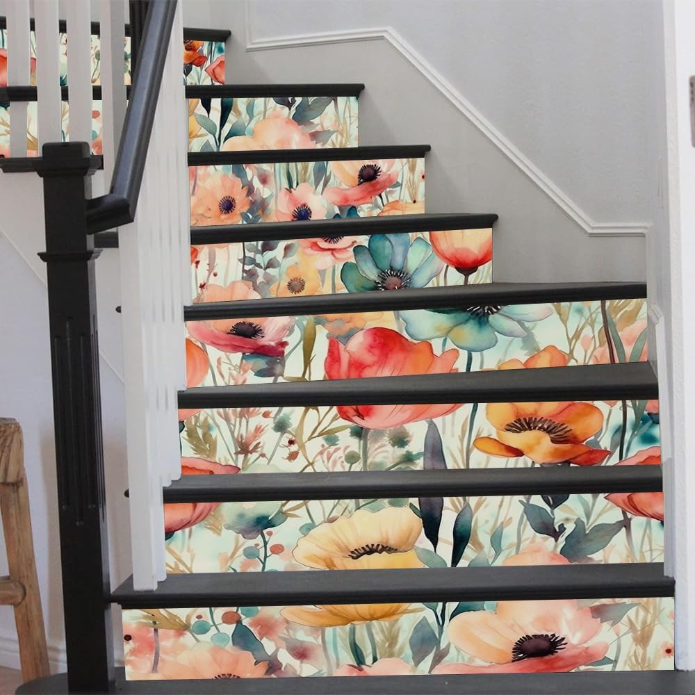 REDAMANCY Watercolor Boho Colorful Poppies Peel and Stick Vinyl Stair Riser Decals Staircase Tile Stair Stickers Abstract Art Modern Decoration Self-Adhesive Home Decor Stair Decals (14 Pcs)