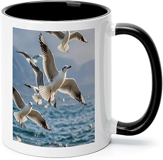 Seagulls in Flight Ceramic Coffee Mug Coffee Cup | Demitasse Mugs with Handle for Latte & Hot Chocolate, Holiday Office Gift Her Him Microwave Safe 11 oz