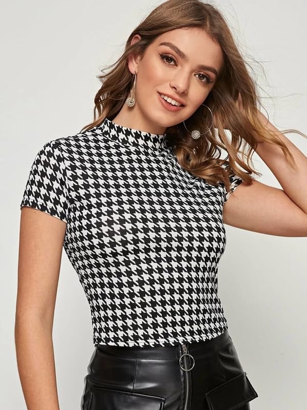 Image of DTR FASHION Women's Cotton Blend Houndstooth Printed T-Shirt | Western T-Shirt for Women