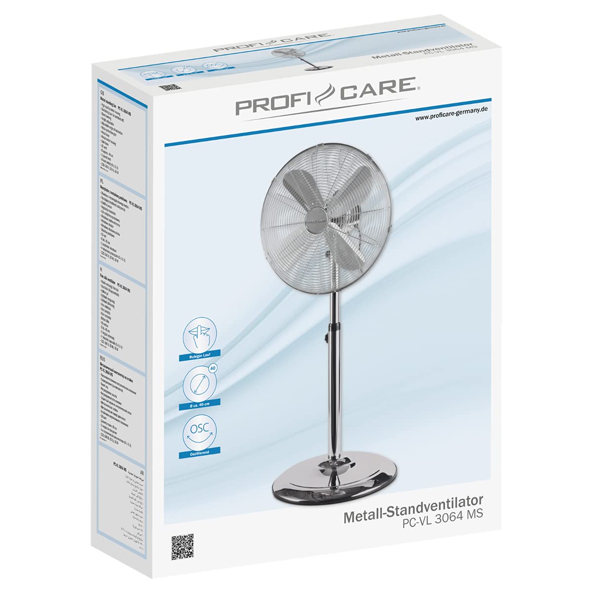ProfiCare Wentylator stojący PC-VL 3064 MS oscylujący wentylator, metalowy wentylator stojący Ø ok. 40 cm, idealny klimat do pomieszczeń, np. w sypialni, regulacja kąta nachylenia i wysokości,