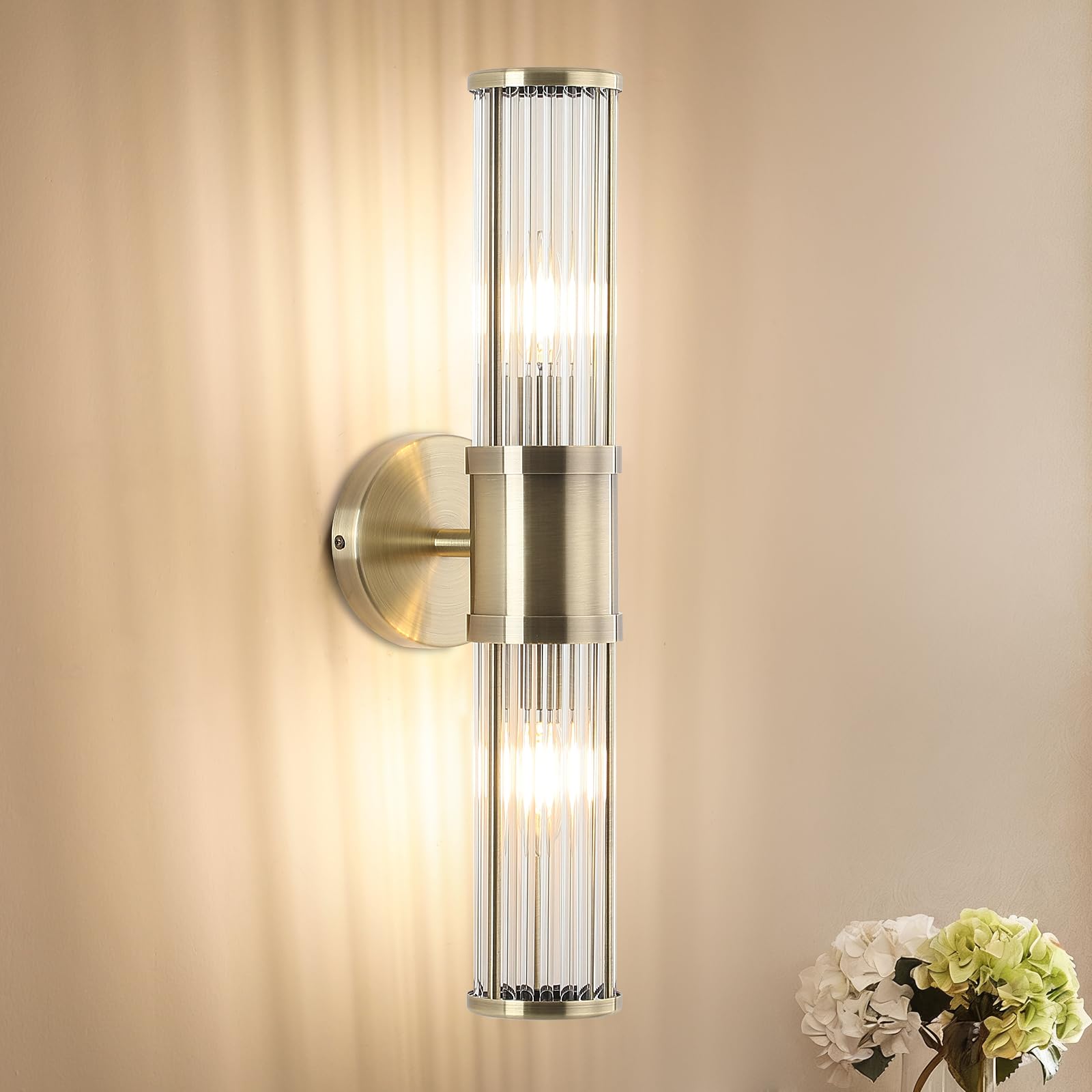 Photo 1 of ECOBRT Modern Vanity Light Fixture, Brushed Bronze Wall Sconce with Glass Rod Shades, 2-Light Bathroom Mirror Lighting for Bronze Bathroom Light Fixture & Makeup Application (Bulbs Not Included)