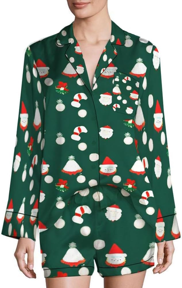 SOLILOQUY Womens Christmas Pajamas Shorts Set Silk Satin Button Down