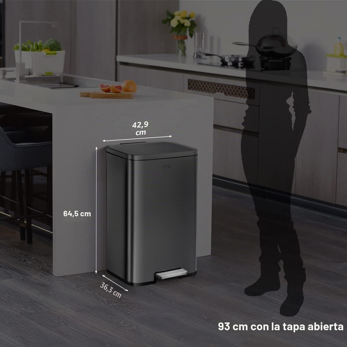 EKO Madison Cubo de Basura para Cocina 50 L con Pedal Negro Mate