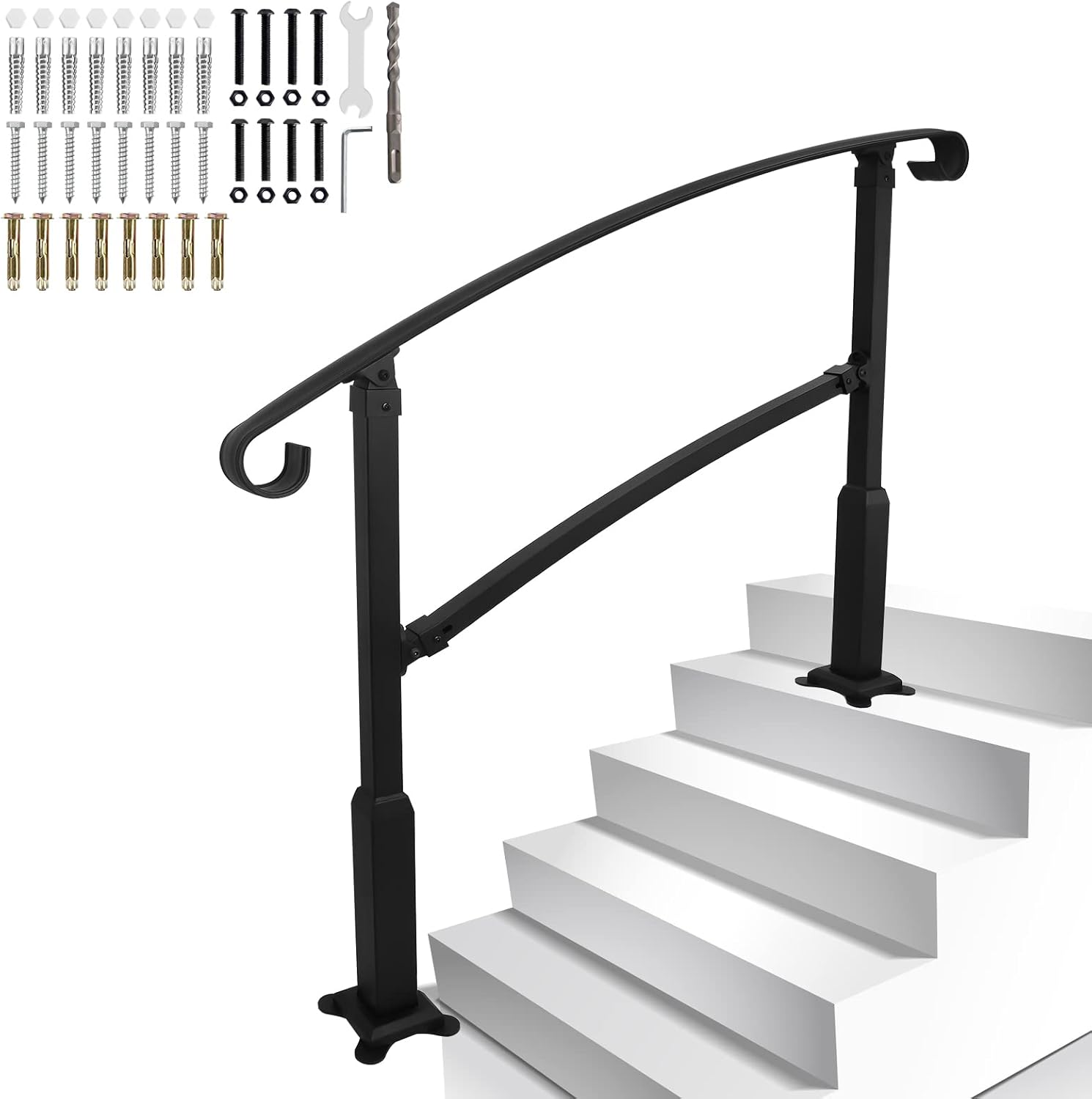 Step Handrail 4Ft Wrought Iron, Stair Rail Fits 3 or 4