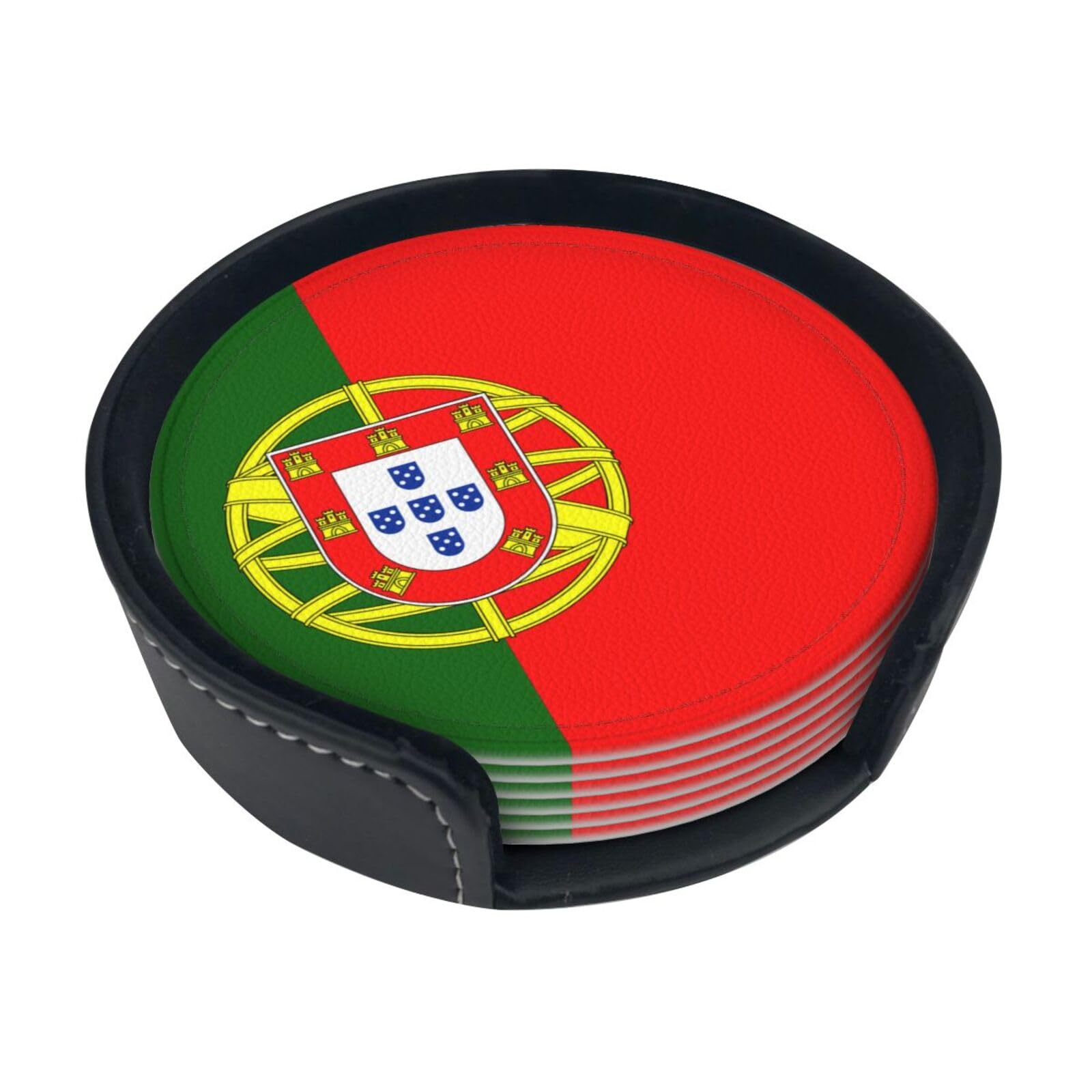 Cntdbu White Portuguese Flag Leather Coasters Set Of 6-Pu Leather Drink Mats For Table, Heat Resistant Round Coasters With Holder