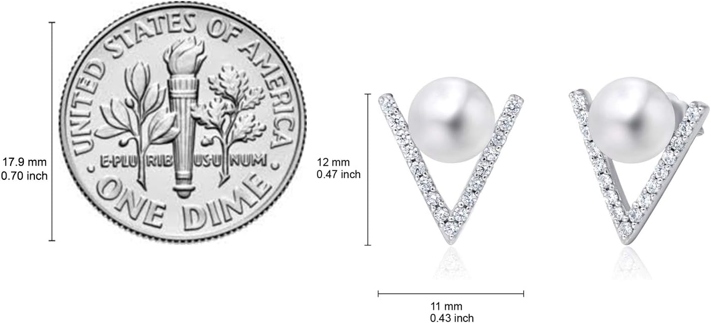 Molah Sterling Silver 6.5-7mm Genuine Cultured Freshwater Pearl and Cubic Zirconia Chevron Stud Earrings