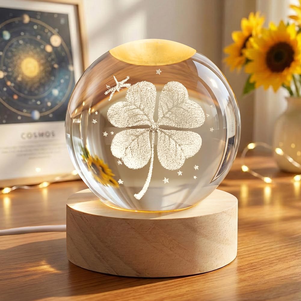 AOOTE Four Leaf Clover 3D Crystal Ball, 3D Crystal Ball, Decor Glass Ball Wooden Base with Light, USB Interface with Power Switch, Crystal Ball Ornaments for Home Decor, Tabletop, Birthday Gift
