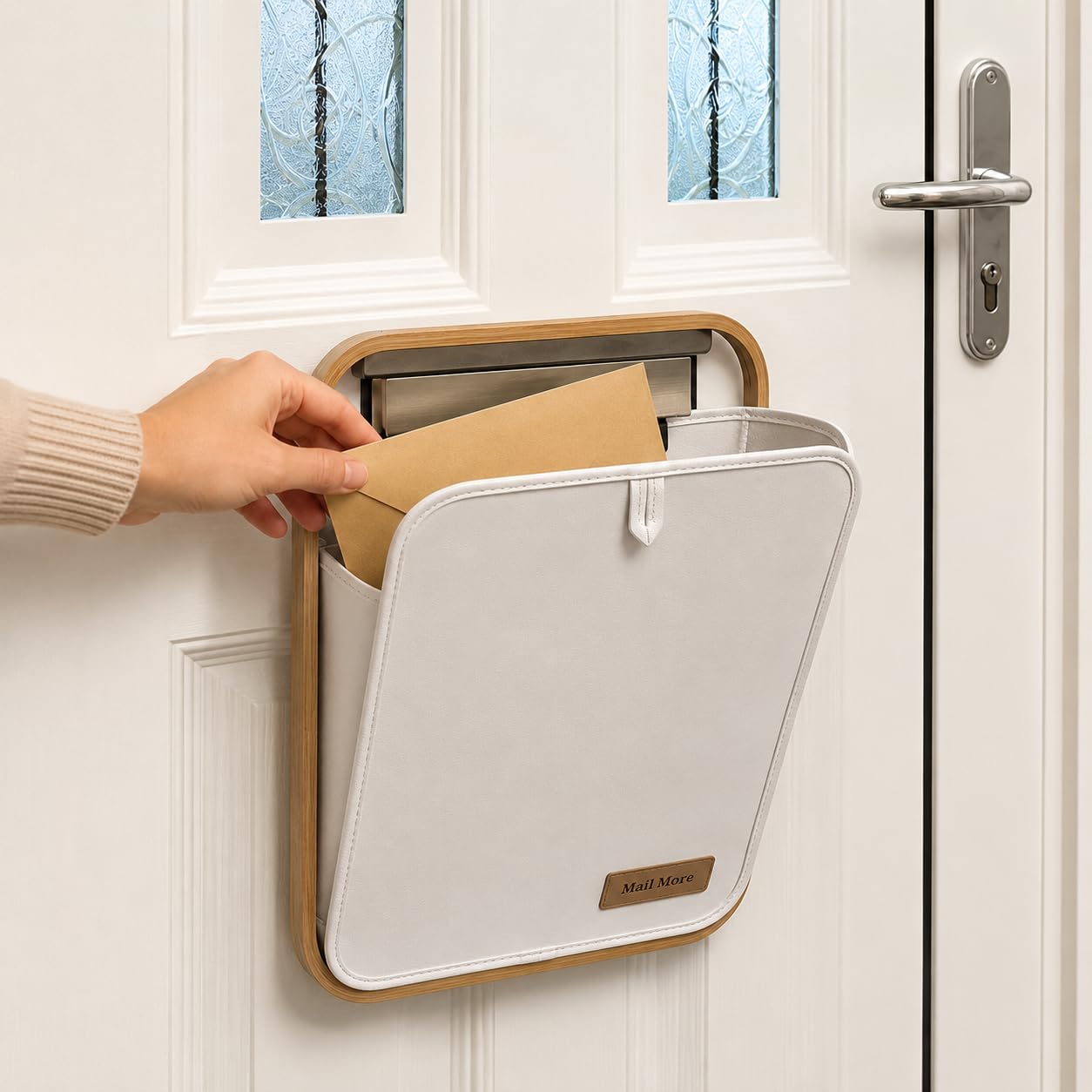 Front Door Letter Box Catcher No Screws - White Mail Catcher for Letterbox - Post Parcel Holder - Indoor Mail Catcher - Parcel - Bamboo Frame Post Holder - Draught Excluder-image-14