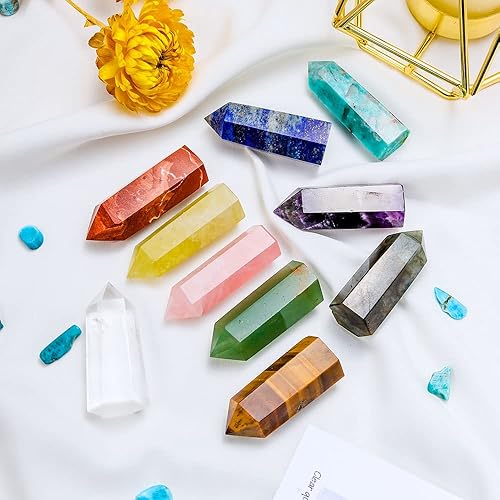 Miniatura 3 de Apengshi Juego de torre de cristal curativo de 10 piezas de 1.57 a 1.96 pulgadas, varita de cristal natural, cuarzo transparente, jaspe rojo, cuarzo