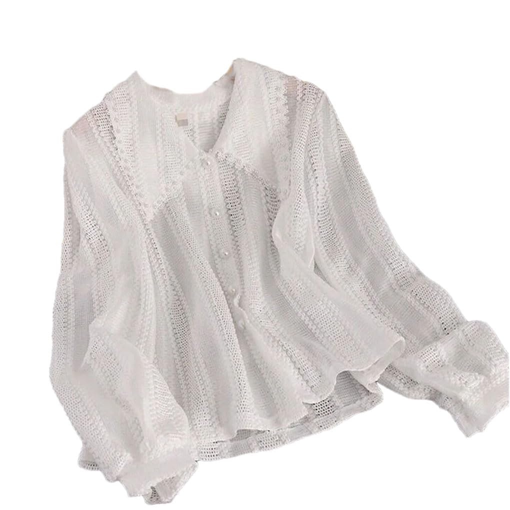 Camisa de manga larga para mujer, con encaje hueco, botonadura simple, informal, para oficina