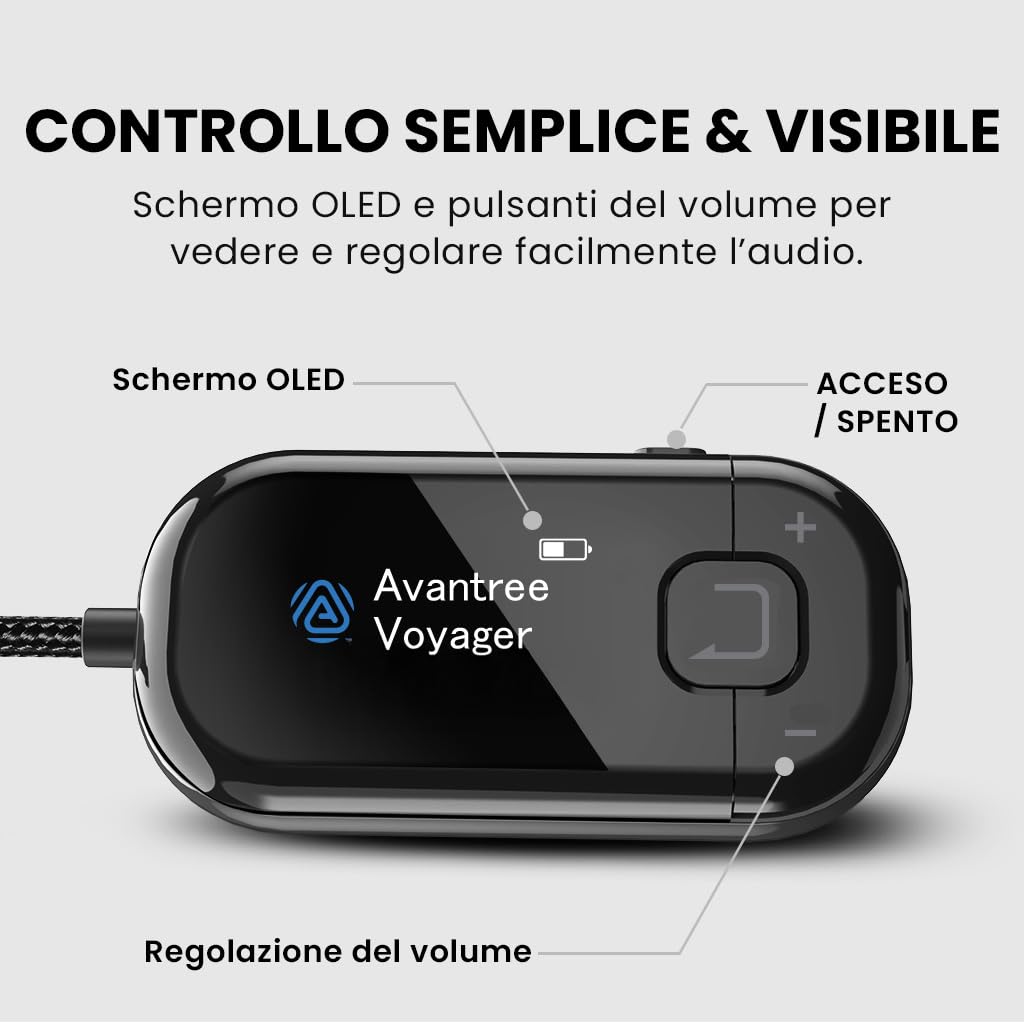 Avantree Voyager HA – Trasmettitore audio Auracast e Bluetooth 5.4 per cuffie con display e controllo volume, chip Qualcomm, aggiornabile via firmware, AUX per TV, PC e ascolto wireless