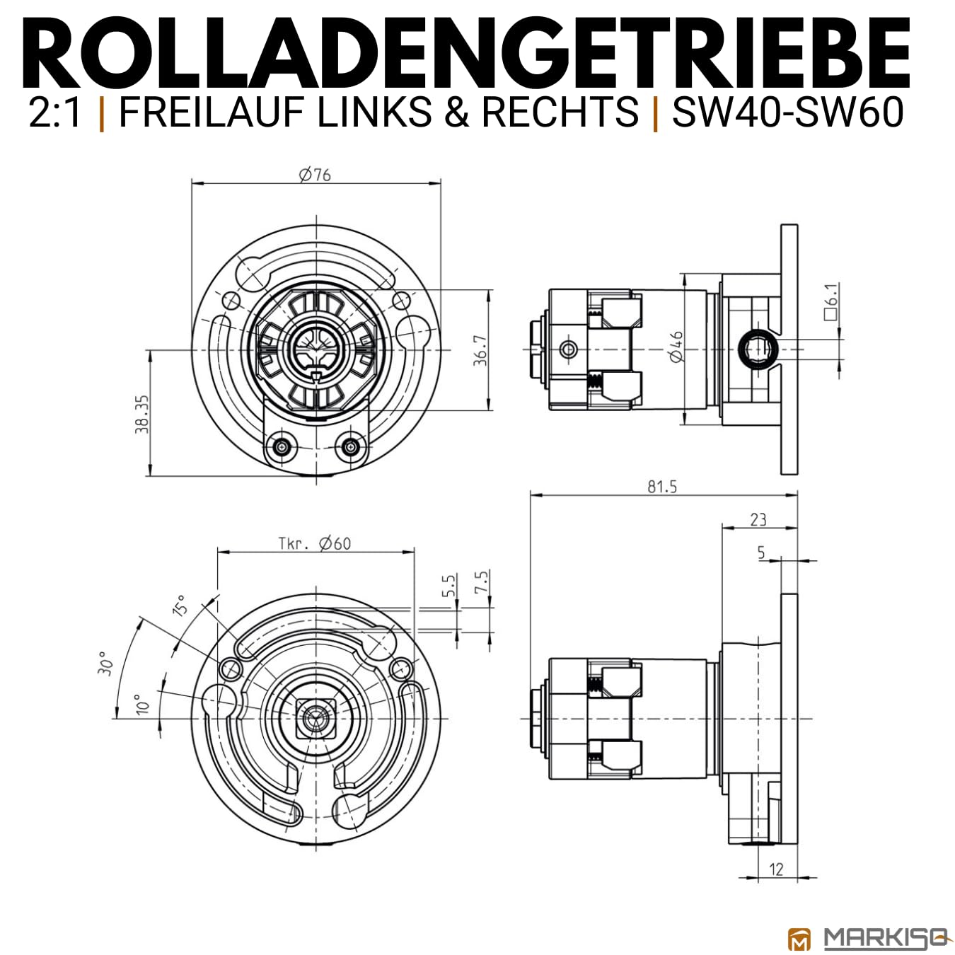 markiso Rolladengetriebe 2:1 - Freilauf rechts, Kegelradgetriebe mit 6 mm Innenvierkant - Kurbelgetriebe für Rolladen passend für SW40 Rollladenwelle