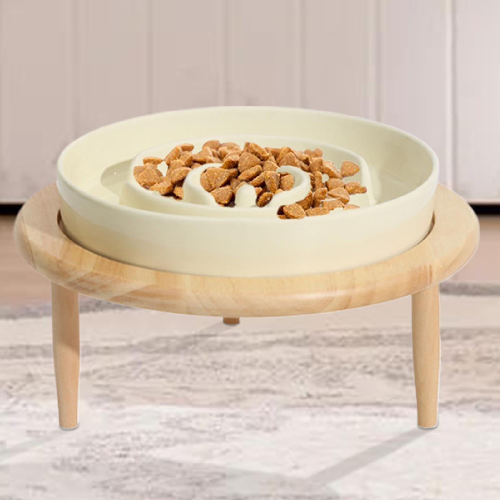 Comedero automático para Gatos， Comedero Lento for Perros, comedero de Madera y cerámica con Base elevada, Antideslizante(Beige)