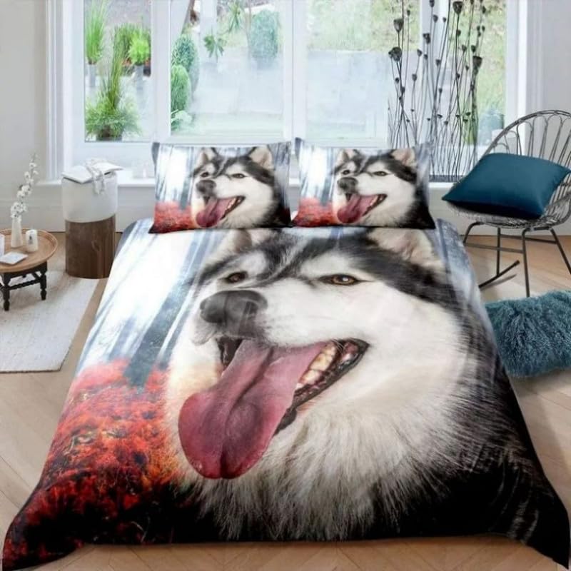 Parure de lit 240 x 260 premium en microfibre 110g/㎡ grise avec motif Husky