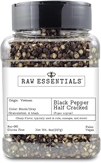Raw Essentials Black Pepper Half Cracked – 6 Mesh Butchered Cut – Pungent and Biting Flavor – Dry Rubs, Sausages, Marinades, and Salads – 8 Ounce Bottle