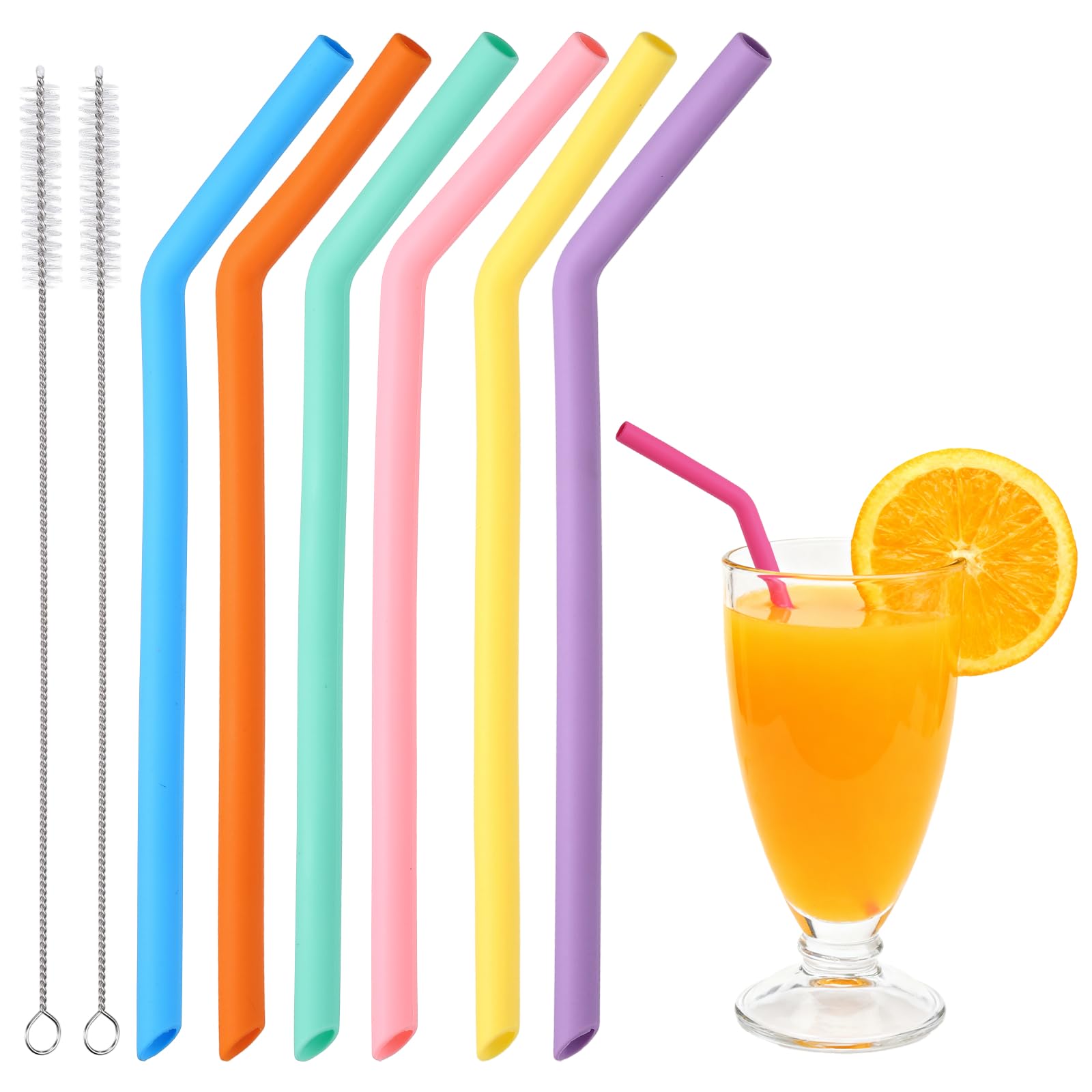 sourcing map Reusable Bent Silicone Straws, 10'' x 9 mm Silicone Straws Set with 2 Brushes for Milk Tea Juice Other Beverages, Purple/Yellow/Orange/Pink/Light Blue/Dark Green, Set of 6