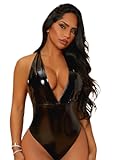 Women&apos;s Deep V Neck Sleeveless PU Leather Skinny Bodysuit Halter Top