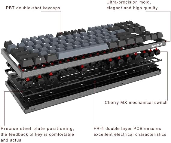 DURGOD Mechanical Gaming Keyboard Cherry MX Red Switches Type C Interface Tenkeyless 104 Keys (with Dust Cover) for Gamer/Typist (Space Grey,ANSI/US)