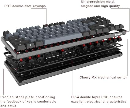 DURGOD Mechanical Gaming Keyboard Cherry MX Red Switches Type C Interface Tenkeyless 104 Keys (with Dust Cover) for Gamer/Typist (Space Grey,ANSI/US)
