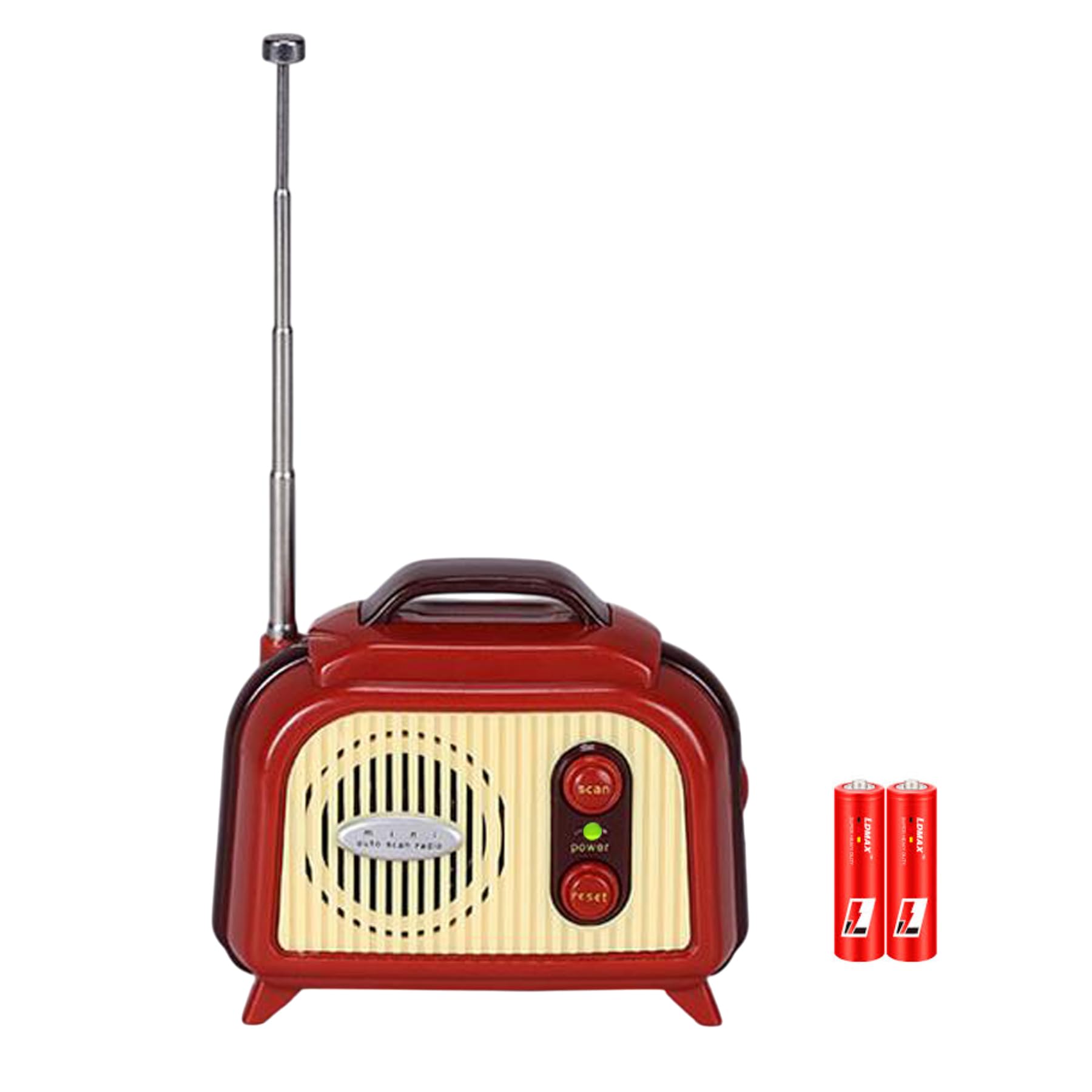 Mini rádio FM vintage, estilo retrô portátil, vermelho e creme, alimentado por bateria