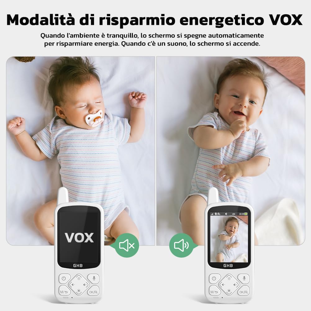 GHB Baby Monitor 2.8", 2000mAh Batteria, Schermo IPS HD Audio Bidirezionale, VOX Visione Notturna, Monitoraggio Temperatura, 8 Ninne Nanne