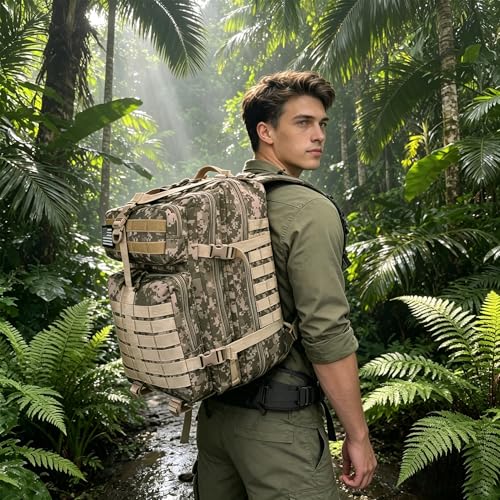 Image of Military Tactical Backpack for Men, 45L 3 Day Assault Pack, Heavy Duty Large Molle Backpack for Outdoor, Hiking, Camping, Camouflage Khaki