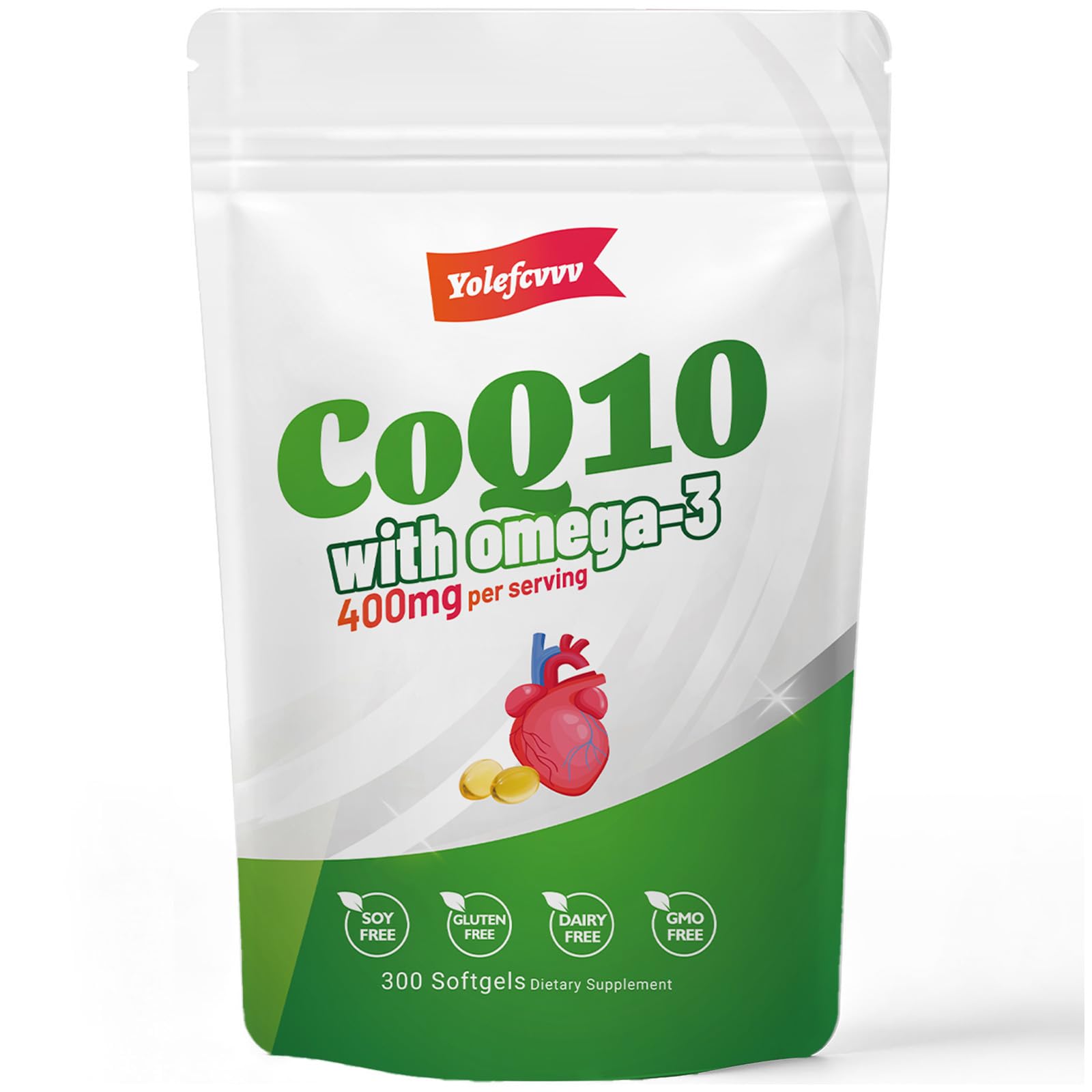 400mg CoQ10 with Omega 3 Fatty Acids,Coenzyme Q10 Supplement,300 Softgel