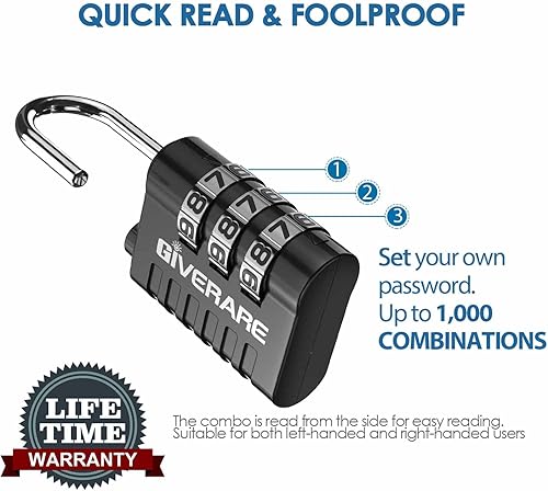 Miniatura 5 de GIVERARE Paquete de 8 candados combinados, candado de 3 dígitos sin llave, cerraduras de equipaje reiniciables para mochila, gimnasio, escuela y