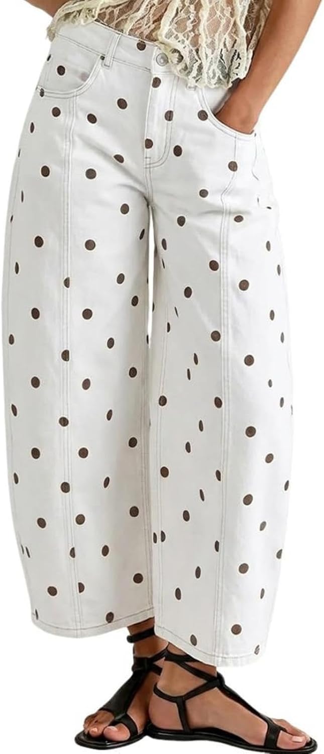 yoeasy Womens Baggy Barrel Jeans Polka Dot Print Boyfriend Y2K Casual Loose Wide Leg Ankle Denim Pants