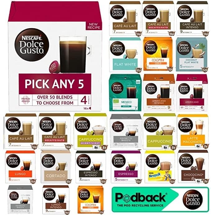 Nescafe Dolce Gusto Coffee, Tea, Chocolate Pods. Pick Any 5 Packs from 40+ Blends Inc: Decaf, Caramel, Cappuccino, Latte, Mocha, Espresso, Skinny, Cafe Au Lait, Vanilla