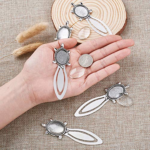 Fashewelry 20Pcs Antique Silver Bookmark Pendant Tray Kit Include 10Pcs 25X18Mm Tortoise Oval Blank Bezel Base Setting Charms With 10Pcs Clear Glass Dome Tiles Cabochons #TOP5
