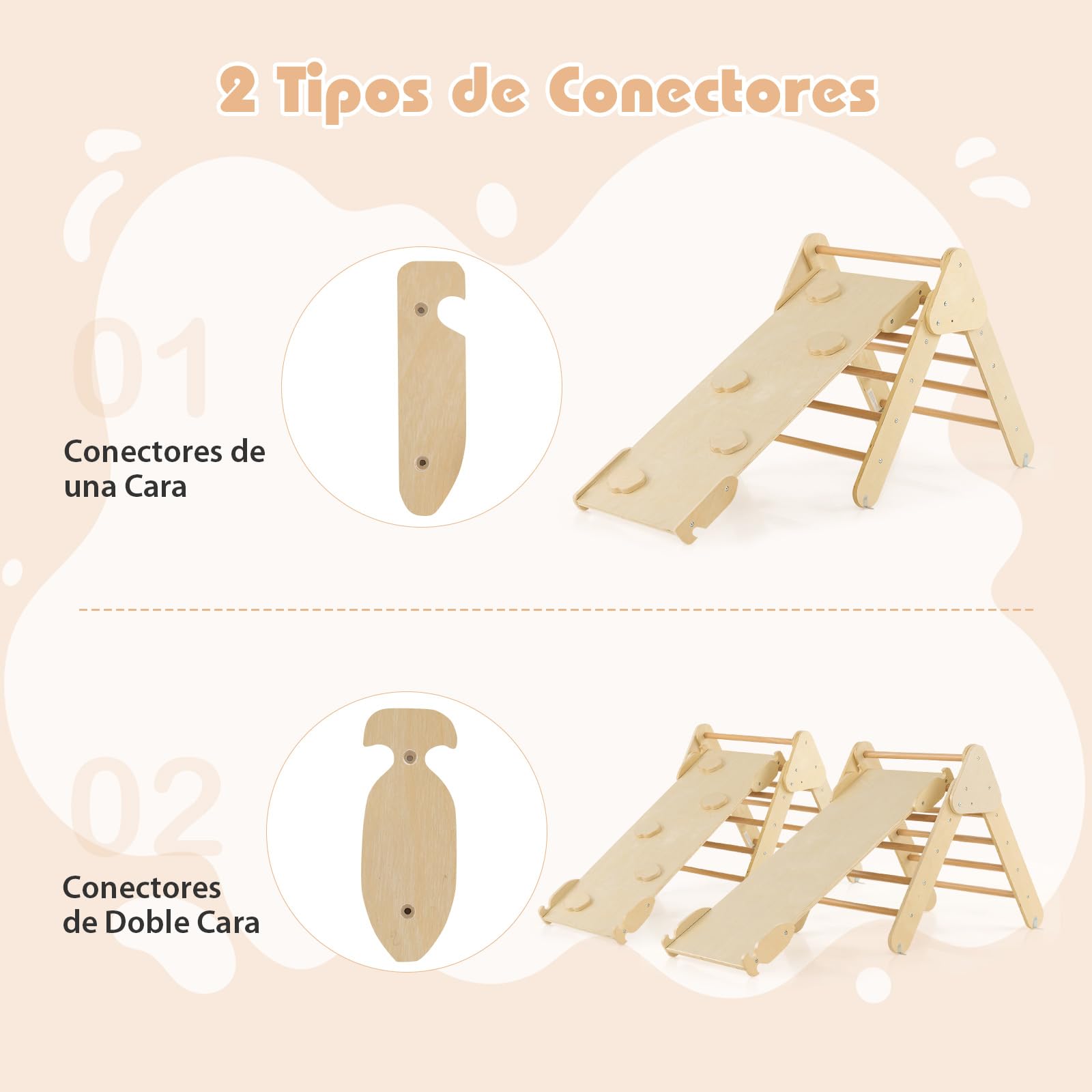 COSTWAY 7 en 1 Triángulo de Escalada de Madera para Niños, Juego de Escalada con Triángulo/Arco/Rampa para Deslizarse o Escalar, Set de Escalada Montessori para Niños 1+ Año, Natural (Ancho 55cm)