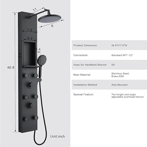 Vista 7 de POPFLY Sistema de Panel de Torre de Ducha con Altura de Brazo de Ducha Ajustable, Sistema de Cabezal de Lluvia, Panel de Ducha de Acero Inoxidable