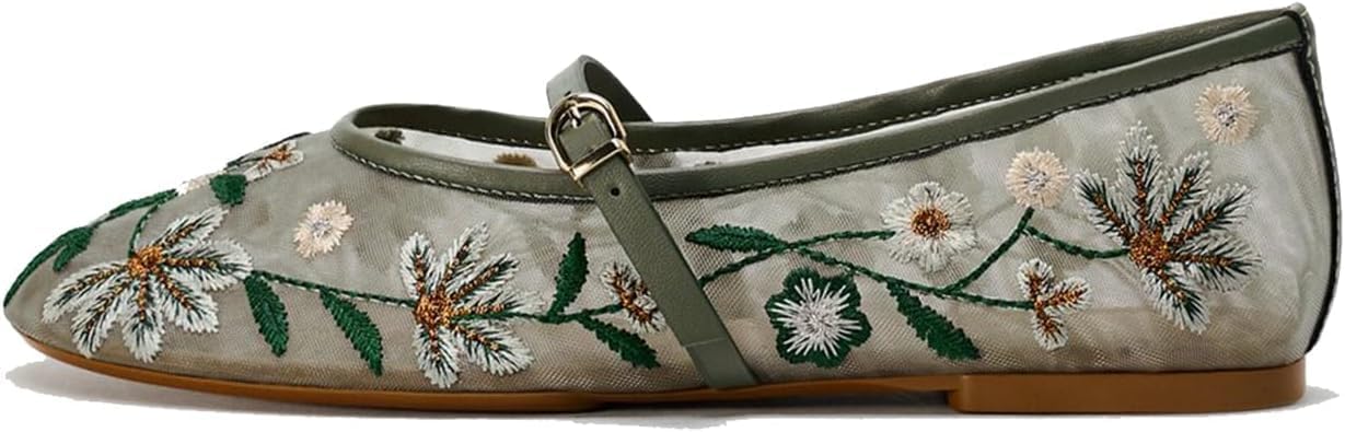 Mesh Ballet Flats for Women Embroidered Floral Round Toe Mary Jane Flats Slip On Casual Breathable Ballerina Shoes