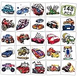 CHARLENT 148 PCS Race Car and Monster Truck Temporary Tattoos for Kids - GoKart Car Individual Tattoos for Boys Racecar Birthday Party Favors Goodie Bag Fillers