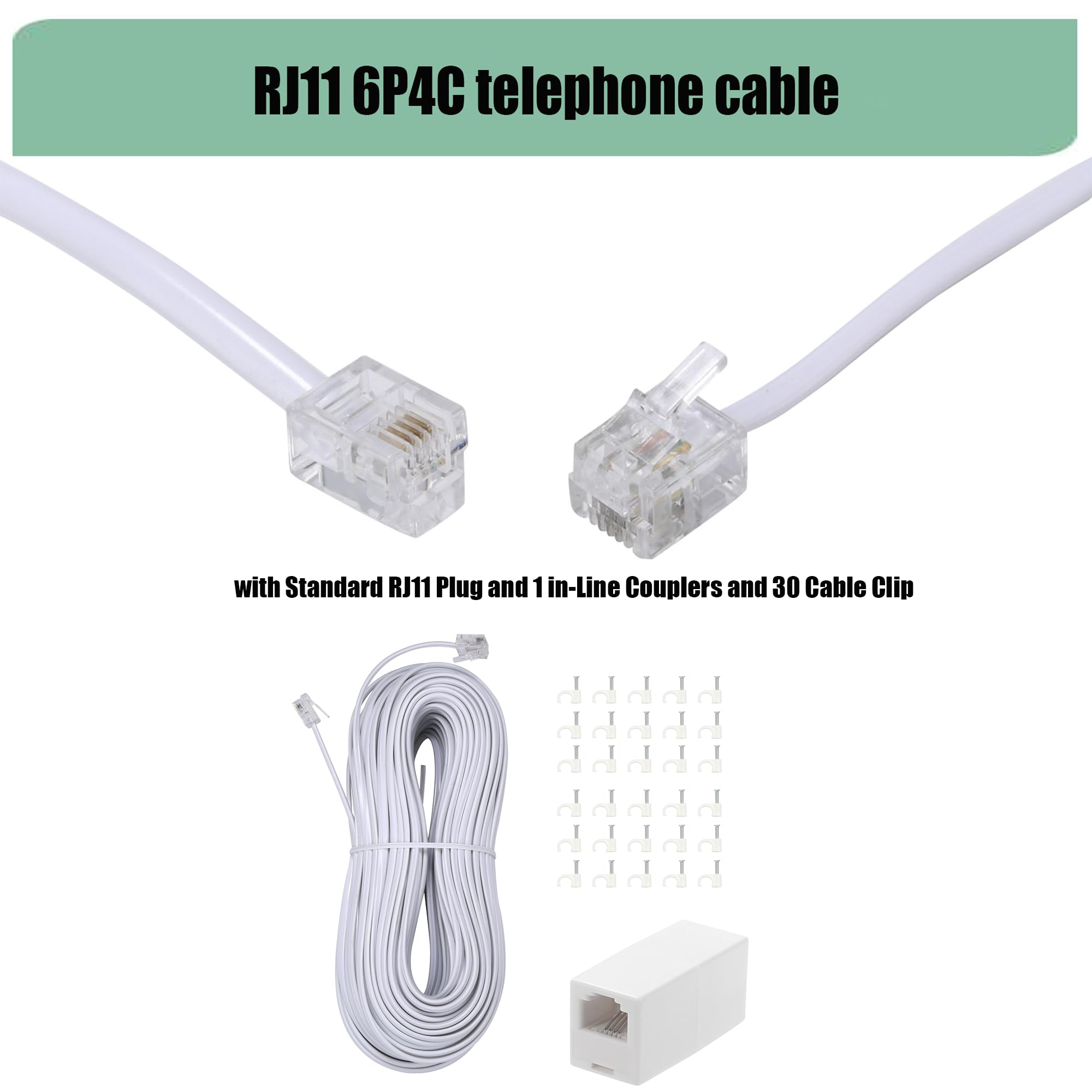 30 m langes Telefon-Verlängerungskabel, Telefonkabel, mit Standard-RJ11-Stecker und 2,5 cm Kupplungen und 30 Kabelclip-Halterungen, Weiß