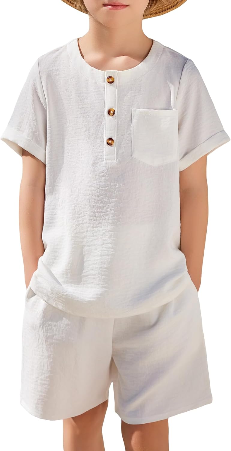 Arshiner Toddler Boy Summer Outfits Short Sleeve Henley T-Shirt & Shorts Set with Pocket for 2-8 Years Kids
