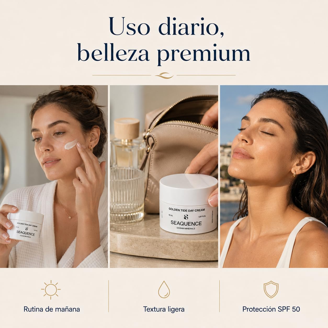 SEAQUENCE Golden Tide Day Cream SPF 50 50 ml | Crema de Día Facial con Ormus Marino, Ocean Trace Minerals, Niacinamida, Vitamina C Estabilizada, Vitamina E y Ácido Hialurónico | Hidratación total