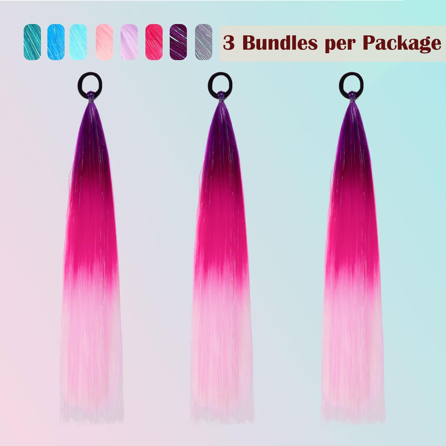 PORSMEER 3 Pcs Rainbow Hair Extensions With Elastic Tie,3 Tone Mermaid Hair for Braiding Crochet,Synthetic Braided Ponytail Extension for Women,Glitter Hair for Festival/Party(Purple/Red/Pink) - Image 2