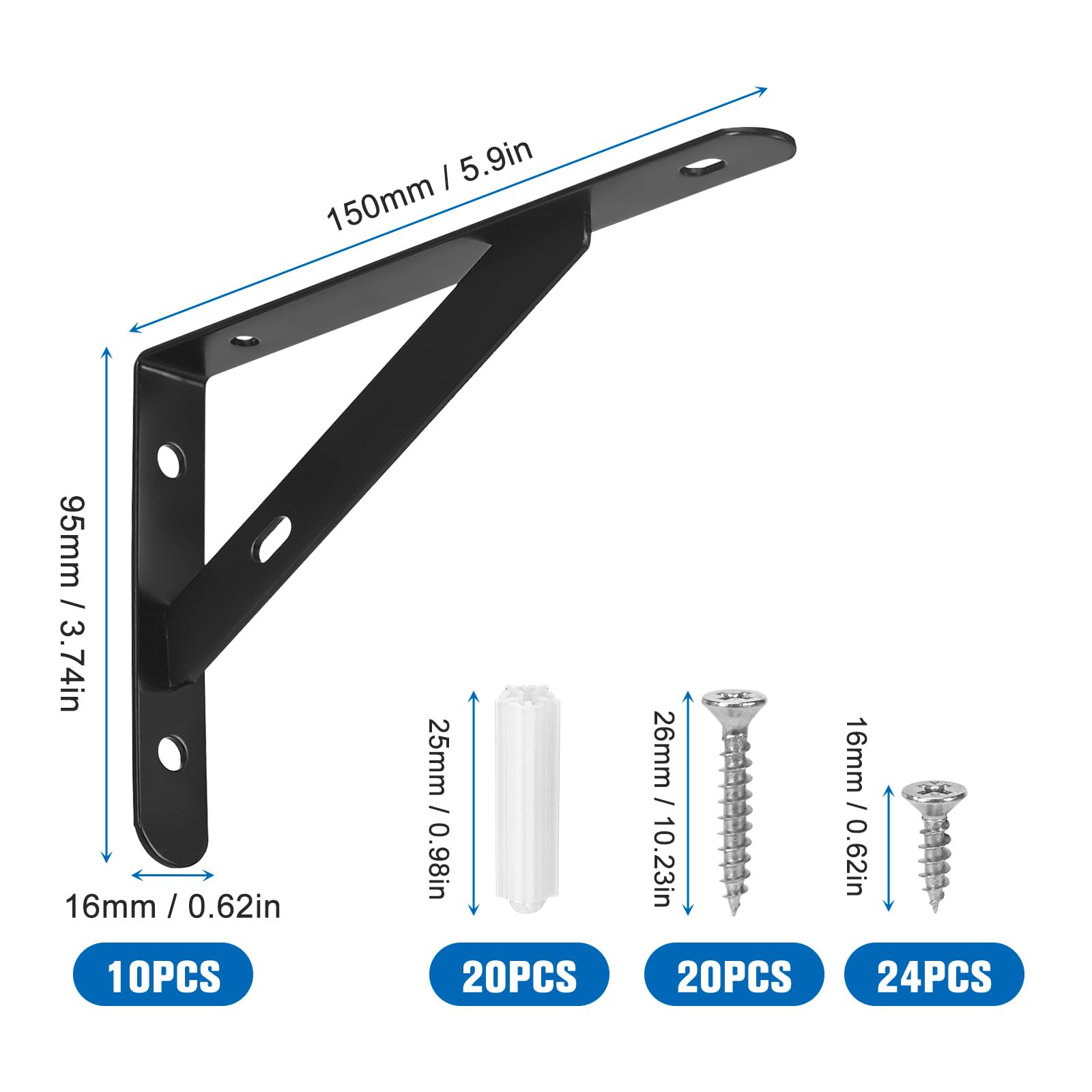 Confezione da 10 staffe per mensola, staffe per mensola per carichi pesanti, reggimensola a scomparsa,staffe da parete in acciaio inossidabile, 150 x 95 mm (nero)