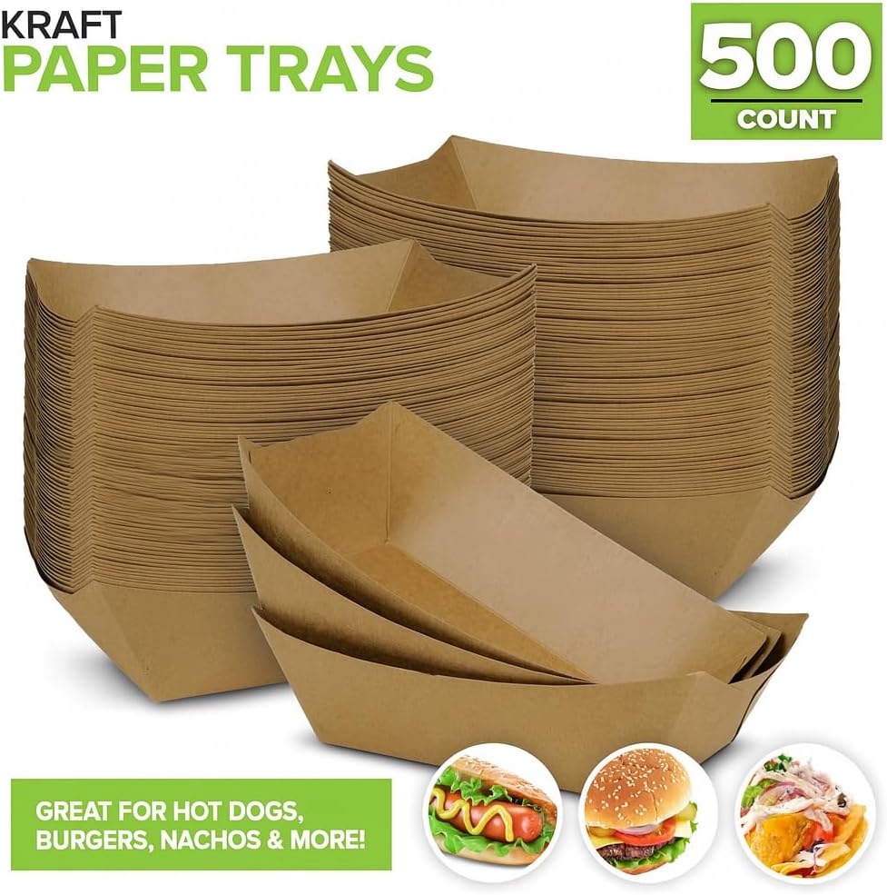 500 Pack 3 lb Brown Kraft Paper Food Trays Extra Large Disposable Serving Boats for Snacks Tacos Nachos Seafood BBQ Parties and Events