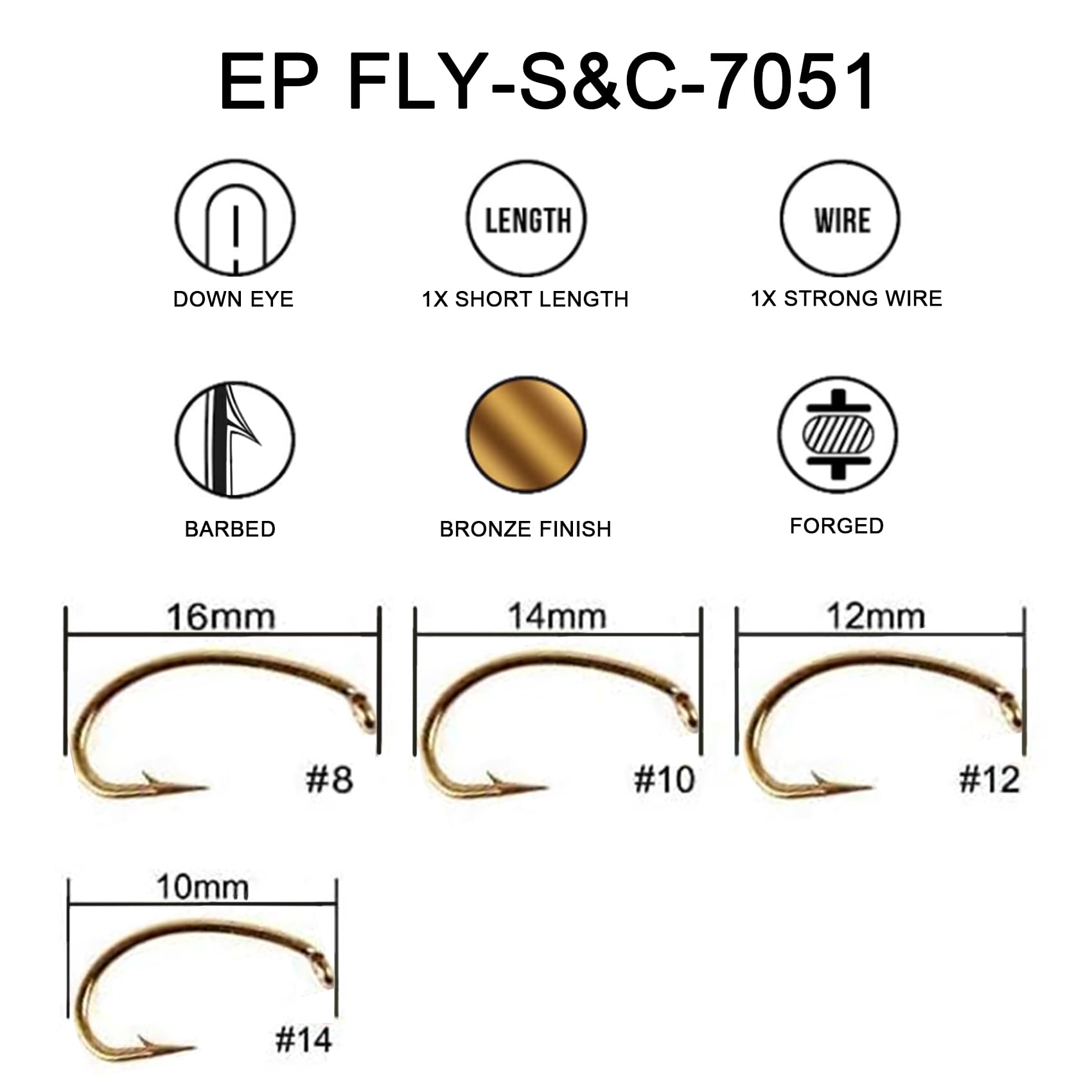 Eupheng Fly Fishing Hooks 100pc Pack Micro Barbed High Carbon Steel Bronze Forged for Dry Flies, Curved Nymphs, Shrimp,Caddis Pupa