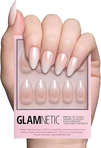 Glamnetic Press On Nails - Fiancéd | Short Almond Fake Nails with a Nude Ombré for Weddings, Glossy Glazed Finish, Reusable | 15 Sizes - 30 Nail Kit with Glue