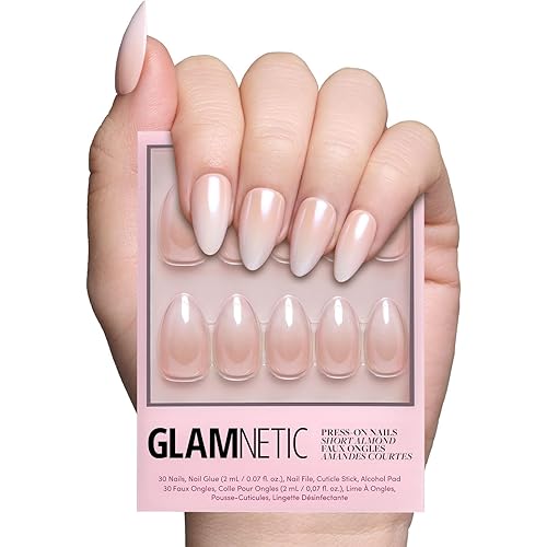 Glamnetic Press On Nails - Fiancéd | Short Almond Fake Nails with a Nude Ombré and Glossy, Glazed Finish, Salon Quality | 15 Sizes - 30 Nail Kit with Glue