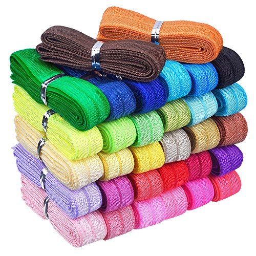 32 Yards Ribbon Elastic Foldover Elastics Stretch Hair Ties Headbands for Baby Girls Hair Bow (32 Color Set 1)